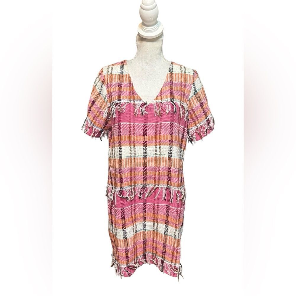 Anthropologie Vilagallo Shift‎ Dress Plaid Texture Fringe Coastal size 44